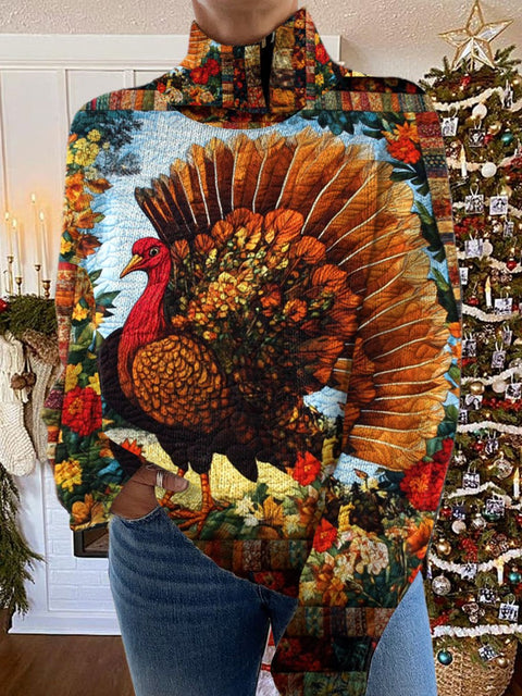 Turkey Art Print Knit Turtleneck Pullover Sweater