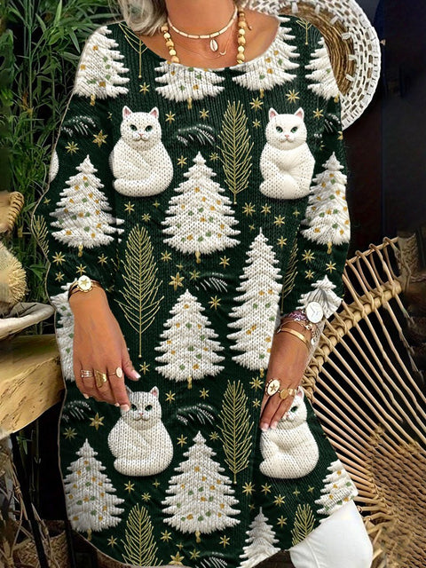 Women's Lovely Christmas Tree Cats Art Print Casual Pullover Sweater Dress