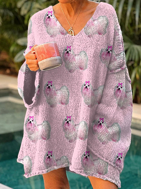 Women's Funny Dog Art Print Casual Pullover Sweater