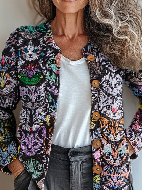Lovely Cat Repeat Pattern Printed Buttoned Cardigan Sweater