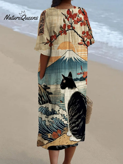 Japanese Painting Black and White Cat Looking At The Sea and Mount Fuji Decorative Pattern Flowy Dress