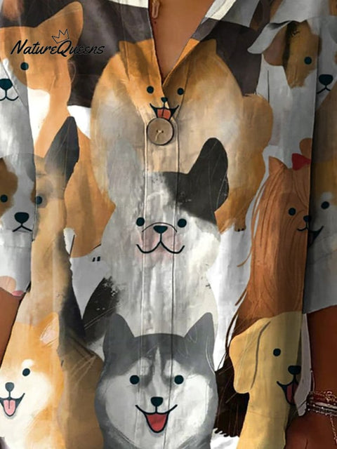 Mixed Puppy Dog Pattern Printed Women's Casual Cotton Linen Shirt