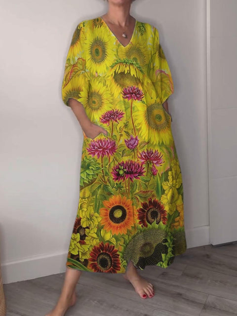 Brilliant Sunflower Garden Decorative Pattern Pocket V-neck Cotton Dress