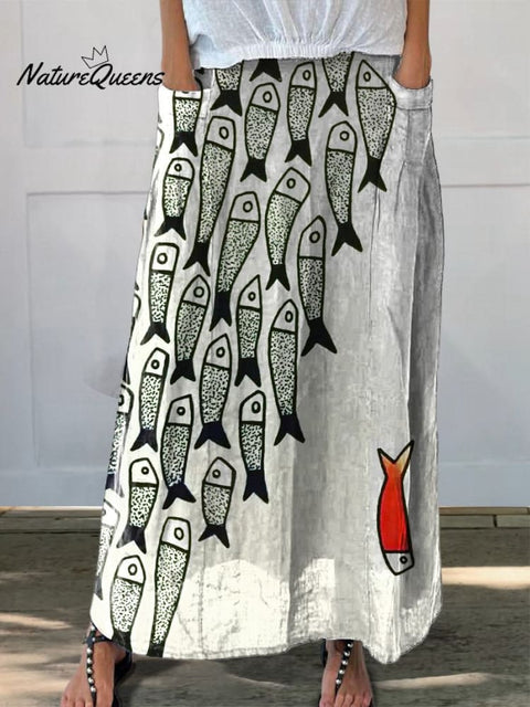 Be The Unique Fish Art Printed Women's Linen Pocket Skirt