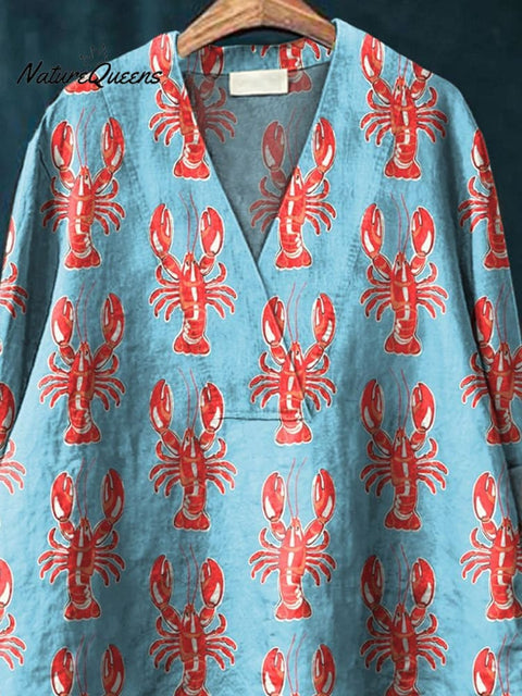 Lobster Repeat Pattern Printed Women's Casual Cotton And Linen V-neck Shirt