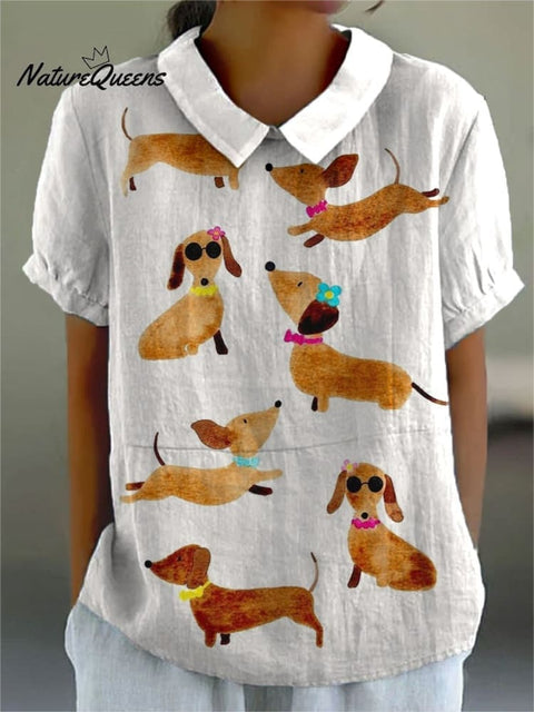 Women's Cute Dachshund Print Casual Cotton And Linen Shirt