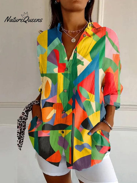 Abstract Geometric Art Printed Women's Casual Cotton Shirt