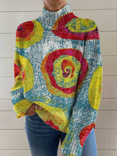 Abstract Geometric Pattern Art Print Knit Turtleneck Pullover Sweater