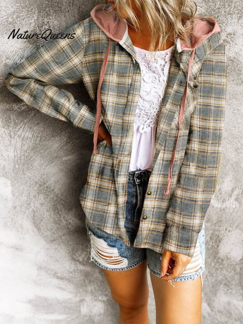 Women's Hooded Colorblock Plaid Stylish Casual Shirt Jacket