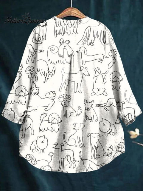 Women's Simple Black and White Line Dog Print Casual Cotton And Linen Shirt
