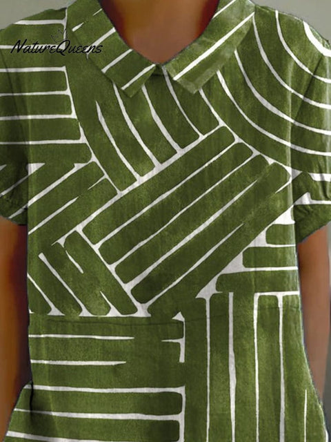 Simple Geometric Pattern Printed Women's Casual Cotton And Linen Shirt