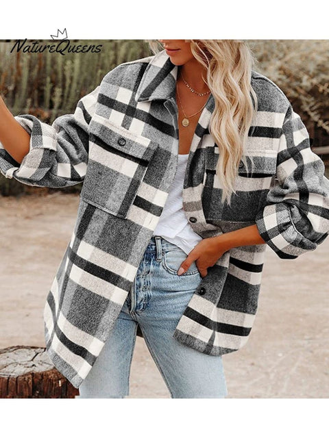 Autumn and Winter Women's Flannel Plaid Shirt Jacket