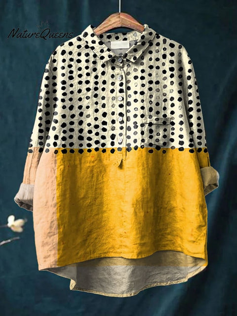 Women's Yellow Color-blocked Dots Print Casual Cotton And Linen Shirt