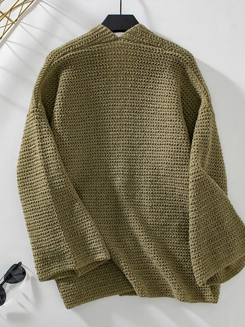 Women's Retro Mid-length V-neck Solid Color Cardigan Sweater Knitted Sweater