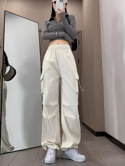 Women's Retro Stylish Casual High Waist Sports Parachute Wide Leg Pants