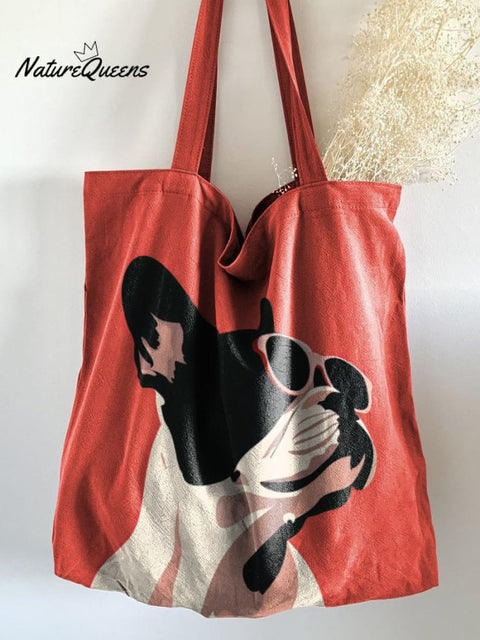 Decorative Pattern of French Bulldog Wearing Sunglasses On Red Background Linen Tote Bag