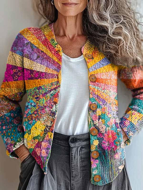 Women's Lovely Sun Floral Patchwork Pattern Art Print Buttoned Cardigan Sweater