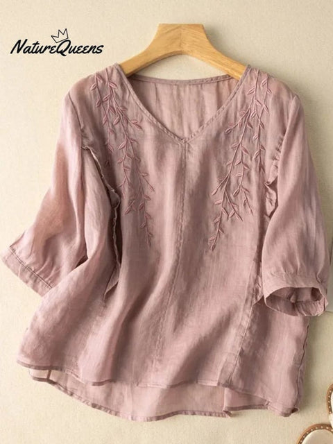 Embroidery Cotton And Linen Mid Sleeve Blouse