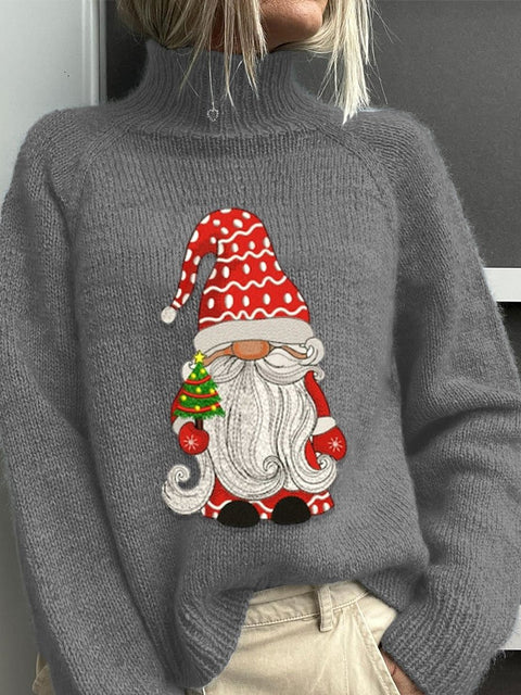 Embroidery  Gnome Santa Christmas Art Print Knit Turtleneck Pullover Sweater