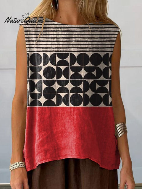 Artistry Geometric Pattern Printed Women's Casual Cotton And Linen Tank Top
