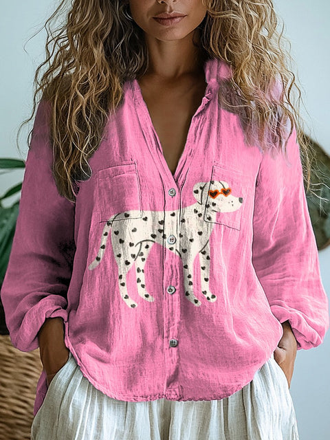 Lovely Dalmatian Dog Graphic Printed Women's Casual Long Sleeve Comfortable Cotton Shirt