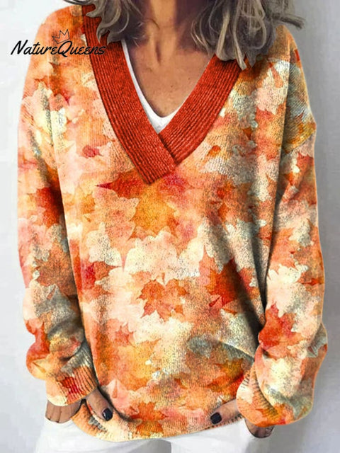 Autumn Maple Leaves Art Print Knit V-neck Pullover Sweater