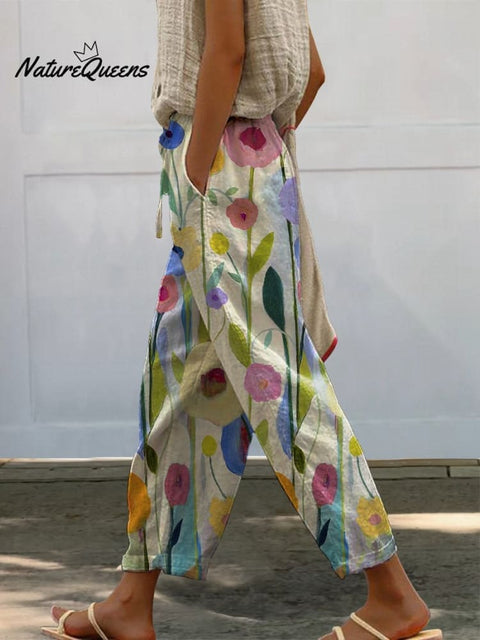 Oil Painting Spring Field Art Printed Women's 100%Cotton Casual Pants