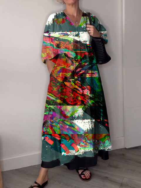 Women's Geometry Retro  Art Print Pocket V-neck Cotton Dress