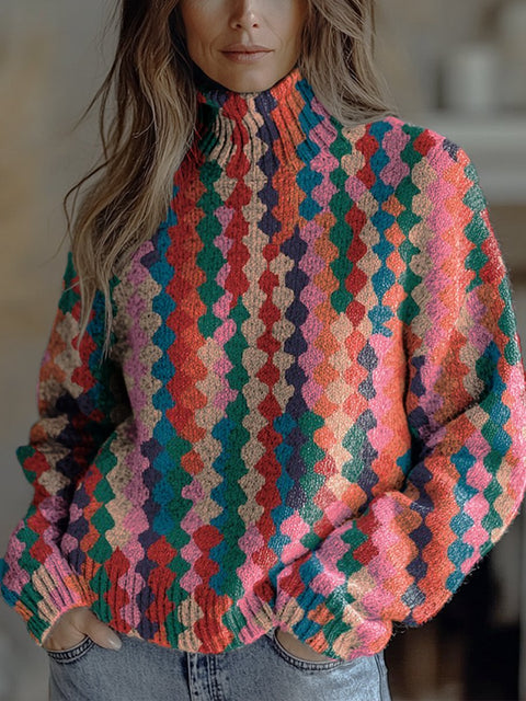 Colored Irregular Stripes Print Print Knit Turtleneck Pullover Sweater