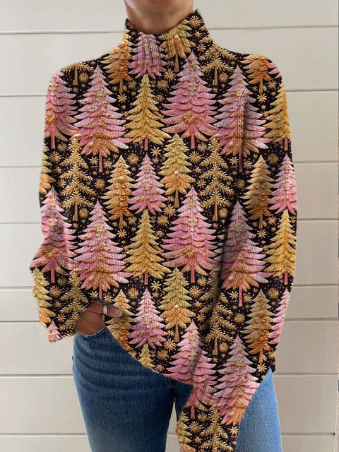 Women's Lovely Christmas Tree Art Print Knit Turtleneck Pullover Sweater