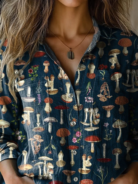 Woodland Mushroom Pattern Printed Women's Casual Long Sleeve Comfortable Cotton Shirt