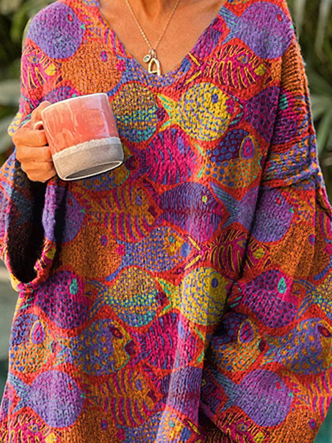 Lovely Tropical Fish Pattern Printed Women's Casual Pullover Sweater
