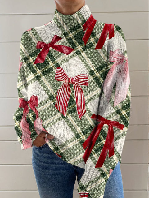 Green Checkered Red Ribbon Art Print Knit Turtleneck Pullover Sweater