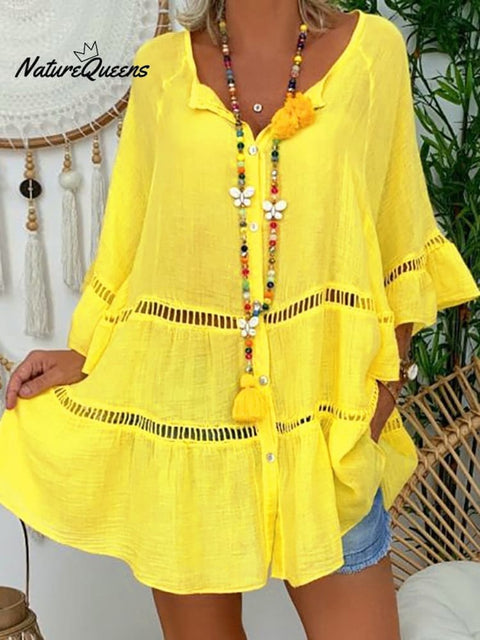 Mid Sleeve Cotton And Linen V - Neck Shirt Dresses Yellow / S