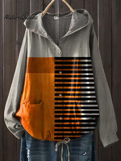 Artistry Color Block Art Printed Women's Casual Cotton And Linen Shirt