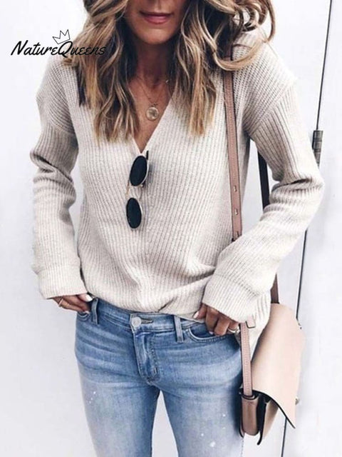 Women's Stylish Casual Long Sleeve Solid Color V-neck Knitted Sweater