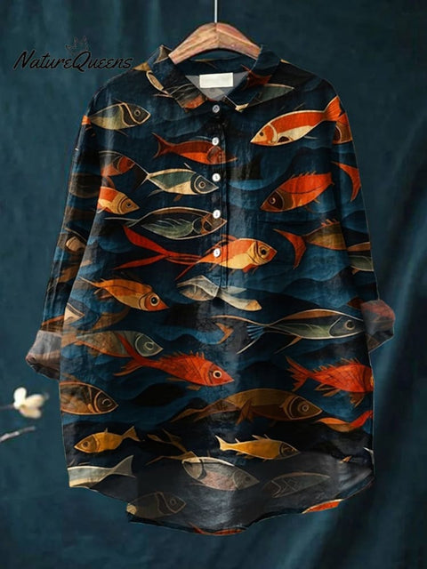 Women's Fish  Art Print Casual Cotton And Linen Shirt