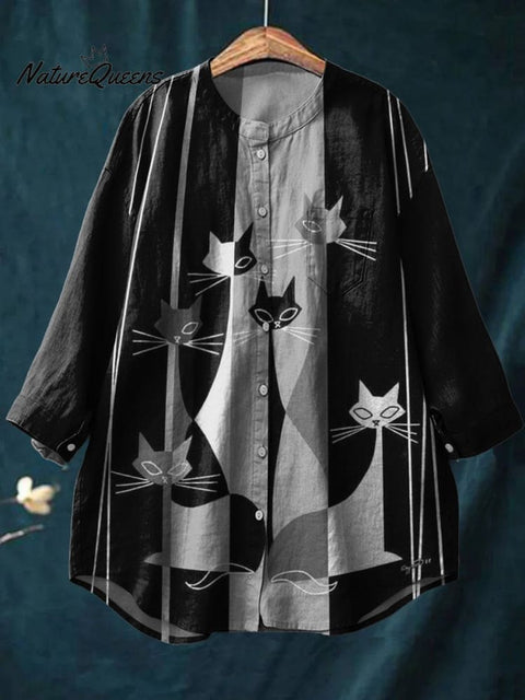 Retro Mime Style Cat Decorative Pattern Casual Cotton And Linen Shirt