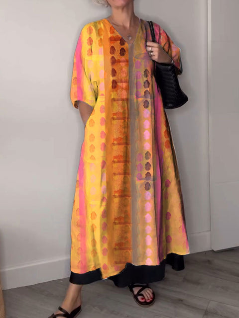 Women's Geometry Retro  Art Print Pocket V-neck Cotton Dress