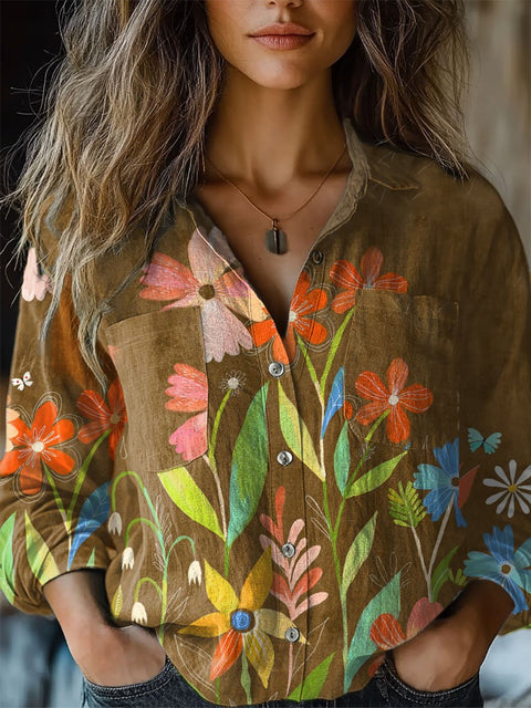 Women's  Floral Art Print Casual Long Sleeve Comfortable Cotton Shirt