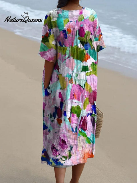 Oil Painting Abstract Floral Garden Printed Women's Flowy Dress