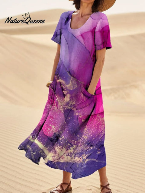Purple Marble Textured Print Women’s Linen Pocket Dress Multicolor / S