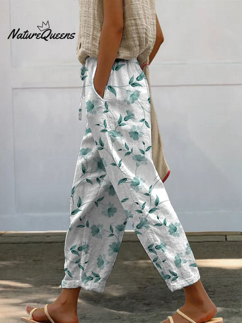 Green Spring Floral And Vine Pattern Printed Women's 100%Cotton Casual Pants