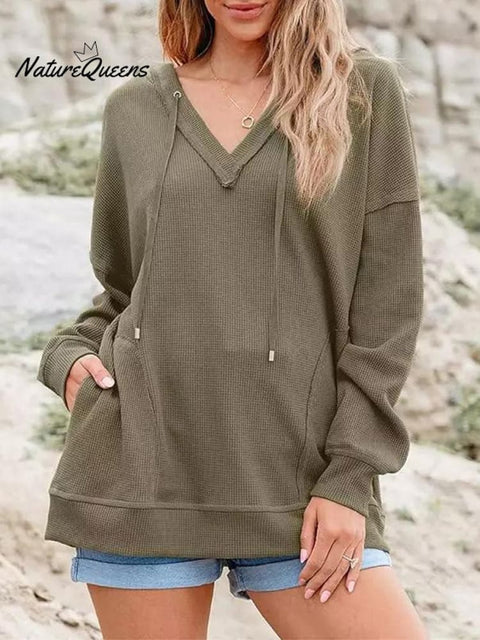 Women's V-neck Waffle Solid Color Long-sleeved Hooded Sweatshirt