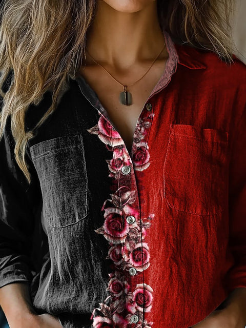 Romantic Rose Symmetrical Art Printed Women's Casual Long Sleeve Comfortable Cotton Shirt