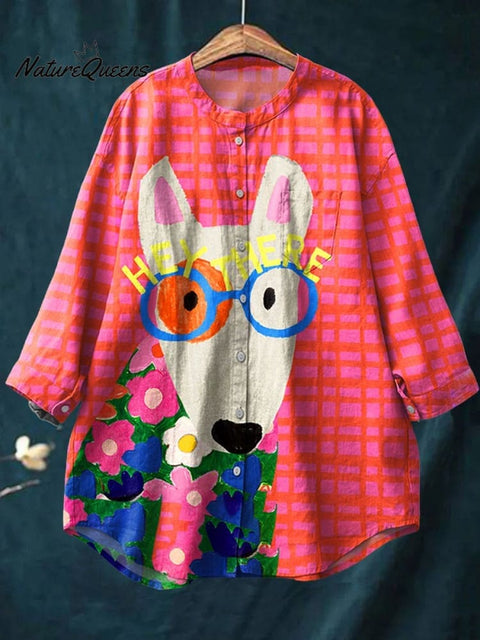 Women's Dog  Art Print Casual Cotton And Linen Shirt