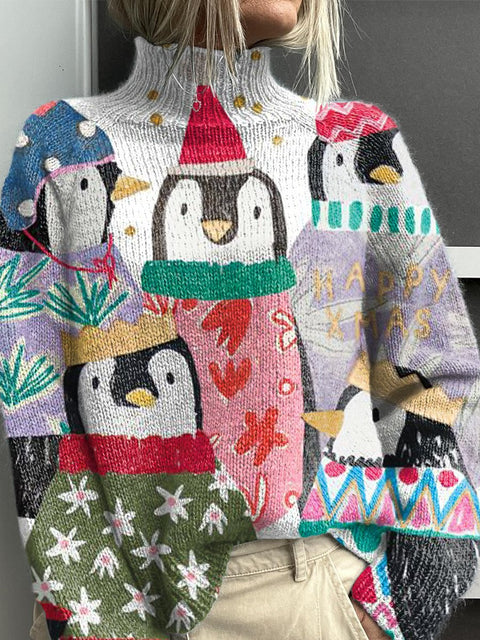 Colorful Cartoon Cute Penguins Print Knit Turtleneck Pullover Sweater