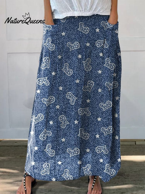 Denim Style Heart Pattern Printed Women's Linen Pocket Skirt
