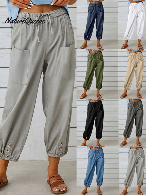 High - Waisted Buttoned Cotton And Linen Pants Cropped