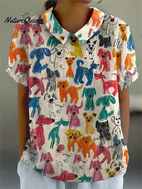 Women's Cute Kid Drawing Dog Print Casual Cotton And Linen Shirt
